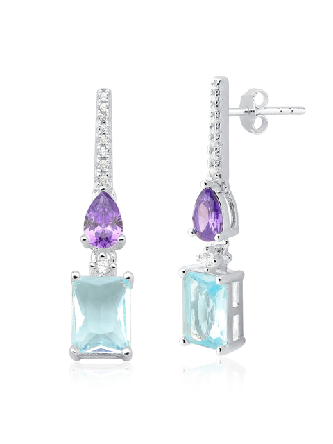 Brinco prata 925 cravejado com zircônias retangular água-marinha e gota lilás - comprar online