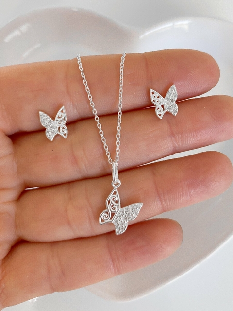 Conjunto Brinco e Colar em Prata 925 legítima borboleta cravejada com zircônias - comprar online