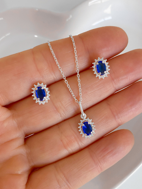 Conjunto Brinco e Colar em Prata 925 legítima Zircônia oval azul safira cravejada com Zircônias ao redor - comprar online