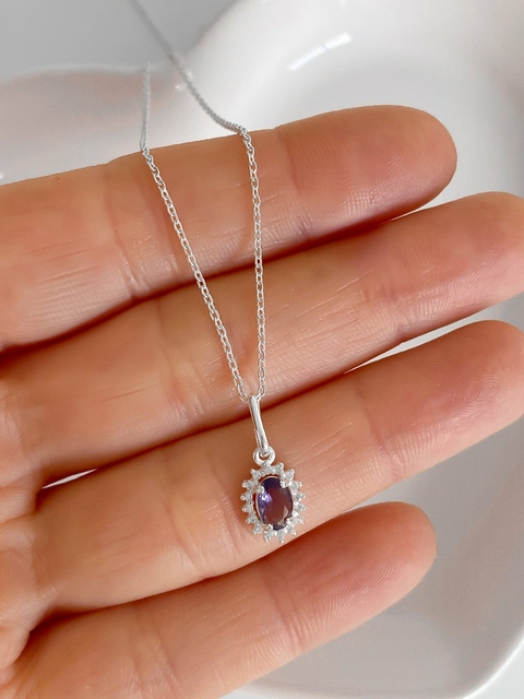 Colar feminino em prata 925 legítima com pingente de zircônia oval lilás ametista cravejado com zircônias ao redor - comprar online