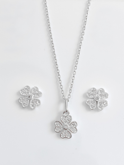 Conjunto Brinco e Colar em Prata 925 legítima trevo de 4 folhas cravejado com zircônias - comprar online
