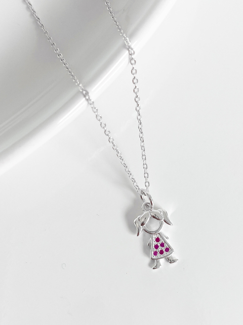 Colar em prata 925 legítima com pingente pequeno de filha menina cravejado com zircônias rosas