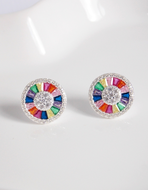 Brinco feminino em prata 925 redondo cravejado com zircônias coloridas pizza - comprar online