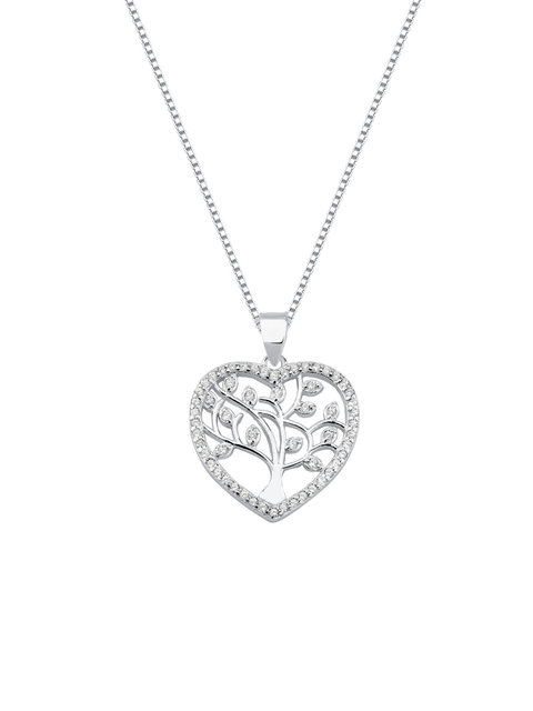 Colar Feminino em Prata 925 Legítima com Pingente de coração e árvore da Vida Cravejado com Zircônias Veneziana V15