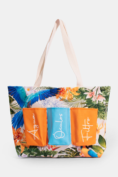 BOLSA DE PRAIA COM BOLSOS FRONTAIS ESTAMPA FLORA