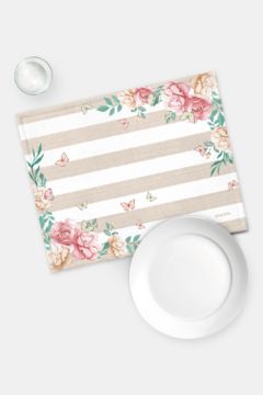 KIT JOGO AMERICANO ESTAMPA FLOWER BEGE - 2 PEÇAS