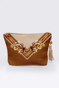 KIT LENÇO 65X65 COM NECESSAIRE FEMININA P - ESTAMPA ELEGÂNCIA CARAMELO na internet