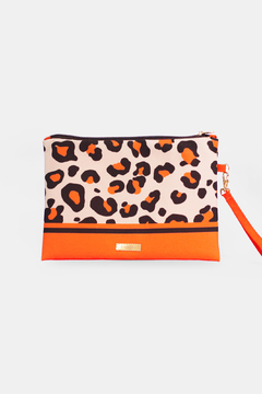 NECESSAIRE CLUTCH FEMININA COM ALÇA DE MÃO ESTAMPA ONÇA LARANJA