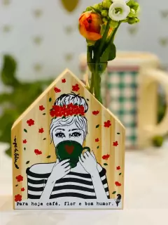 Mini Vaso Casinha Café flor humor- Pinus 10x8 cm