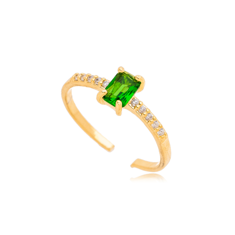 Anel Pedra Verde Ajustável Dourado 18k Ou Prateado 925