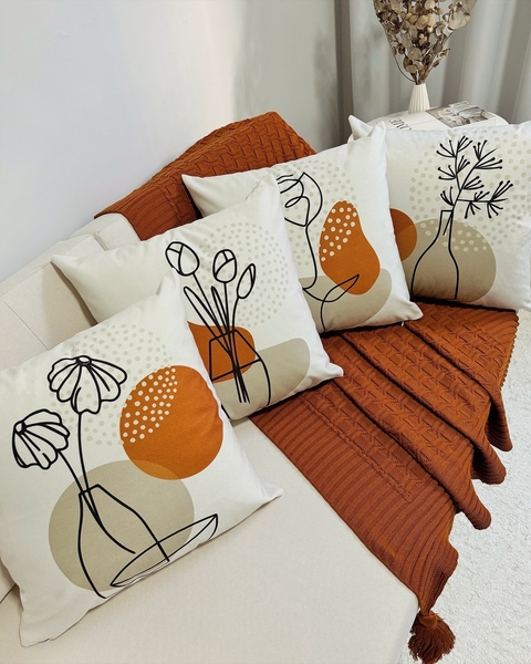 kit 4 Capas de Almofadas Suede Flores Terracota e Bege