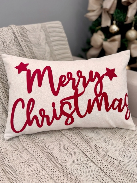 Capa de Almofada Retangular em Boucle com Aplicação Marry Christmas Branca - comprar online