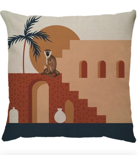 Capa de Almofada em Linho Vila Macaquinho Azul e Terracota