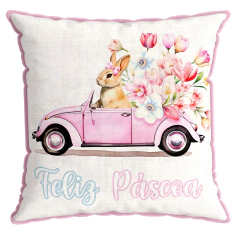 Capa de Almofada Feliz Páscoa Coelhinha em Veludo Luxo com Cordone Rosa e Azul