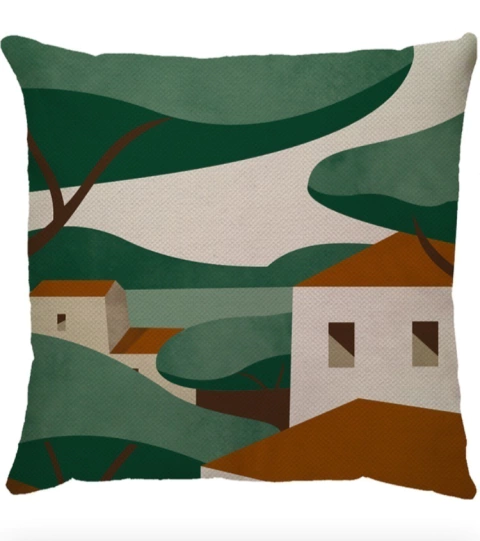 Capa de Almofada em Linho Aldeia Verde e Terracota