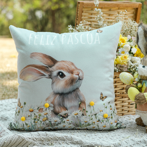 Capa de Almofada Coelho com Margaridas Pompom em Suede - comprar online