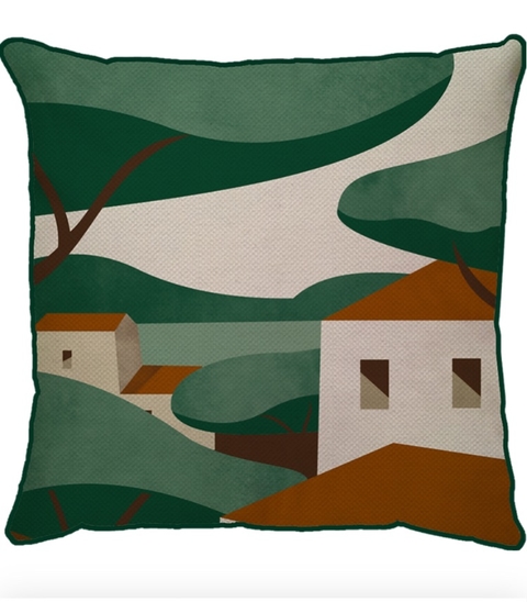 Capa de Almofada em Linho com Cordão Aldeia Verde e Terracota