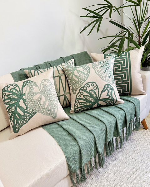 kit 4 Capas de Almofadas Linho Broderie Folhagens Verde - comprar online