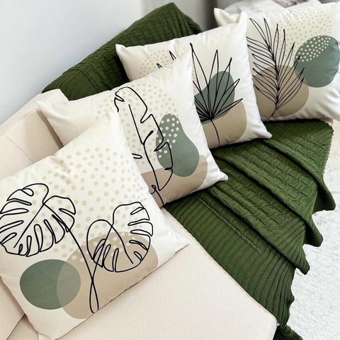 kit 4 Capas de Almofadas Suede Folhas Verde e Bege