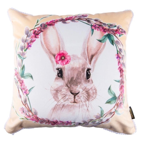 Capa de Almofada Páscoa Coelho com Mini Grelot em Veludo Luxo Amarelo