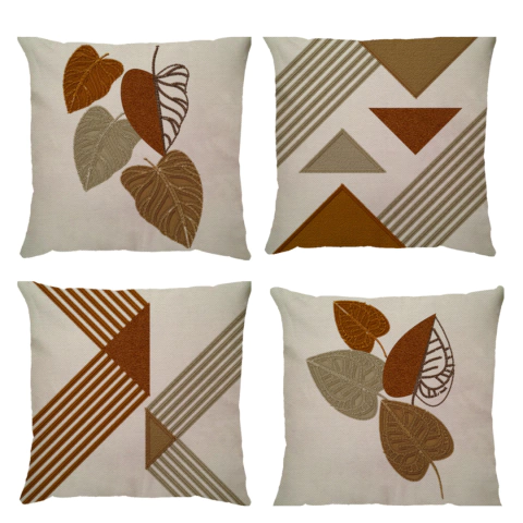 kit 4 Capas de Almofadas Linho e Boucle Folhagens Terracota
