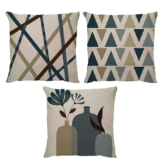kit 3 Capas de Almofadas Linho Vasos Azul