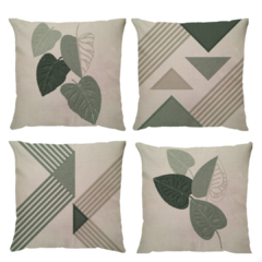 kit 4 Capas de Almofadas Linho e Boucle Folhagens Verde Menta