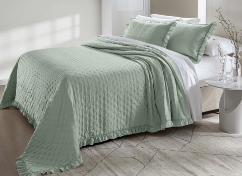Kit Colcha Celine King 200 fios 3 peças com Babado Verde Menta