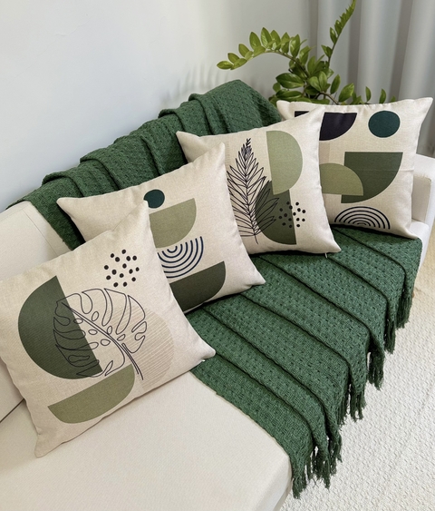 kit 4 Capas de Almofadas Linho Boho Folhagens Verde e Bege - comprar online
