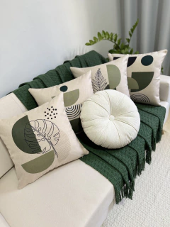 kit 4 Capas de Almofadas Linho Boho Folhagens Verde e Bege - Le Fran Home Decor 