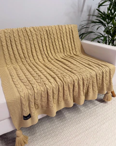 Manta em Tricot Siena Bege Amêndoa com Tassel 1.70x1.0
