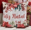 Capa de Almofada Natalina em Veludo Feliz Natal Flores com Cordone Vermelho