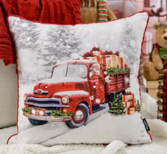 Capa de Almofada Natalina em Veludo Carro Papai Noel com Cordone Vermelho