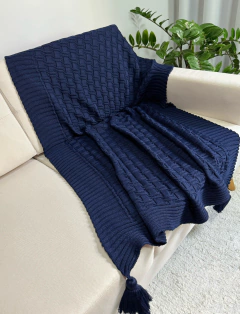 Manta em Tricot Diamond com Tassel Azul Marinho 1.80x0.90 - comprar online