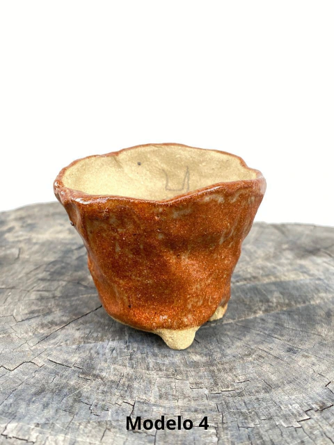 Vaso de cerâmica artesanal para bonsai, modelo 4, com acabamento orgânico em tom marrom claro, posicionado sobre superfície de madeira