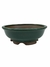 Vaso de cerâmica verde para bonsai, com diâmetro de 20 cm e altura de 6,5 cm, apresentando base marrom.