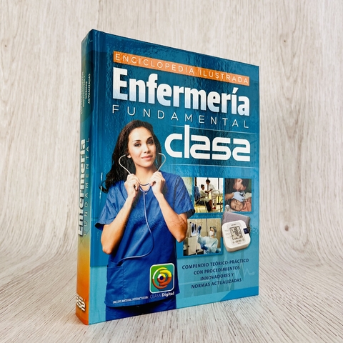 Portada del Manual Ilustrado de Enfermería Fundamental de Clasa, mostrando una enfermera con estetoscopio y un diseño moderno.