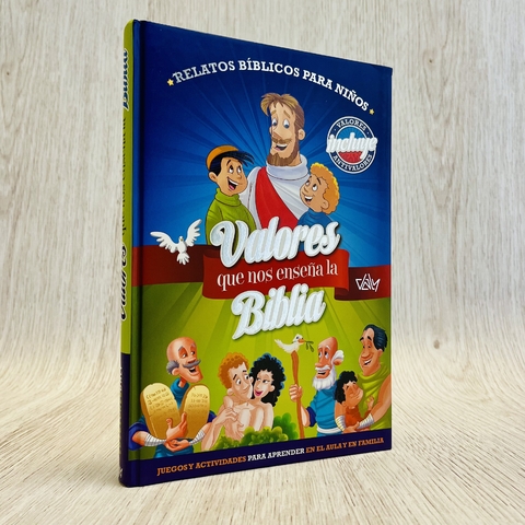 Portada del libro "Valores que nos enseña la Biblia", dirigido a niños, con ilustraciones coloridas de personajes bíblicos.