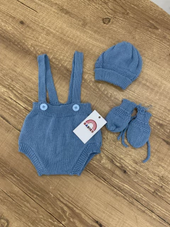 Romper de tricô azul com botões + luva + toca - comprar online