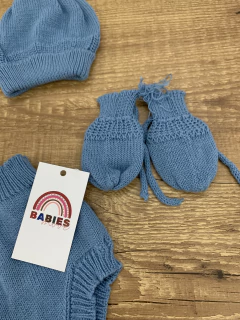 Romper de tricô azul com botões + luva + toca