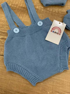 Romper de tricô azul com botões + luva + toca - loja online