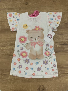 Vestido off ursinho e flores coloridas - laço rosa (Cinti Baby) - comprar online
