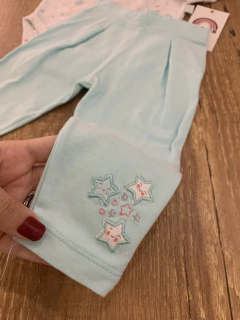 Conjunto pijama body estrelas\corações + calça verde água (Letut) - Babies Move Brecho