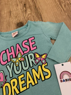 Blusa manga longa verde "Chase your dreams" - borboletas (Guu Kids) - loja online