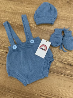 Romper de tricô azul com botões + luva + toca na internet