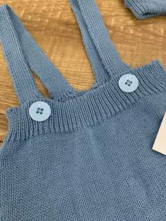 Romper de tricô azul com botões + luva + toca - Babies Move Brecho