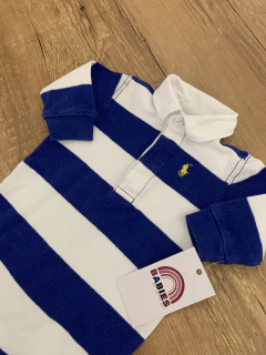 Macacão curto gola pólo manga longa azul e branco (Ralph Lauren) - Babies Move Brecho