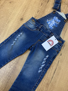 Jardineira jeans longa azul - Dino (Bob) na internet