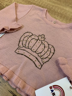 Blusa de tricot manga longa rosa seco - coroa - Babies Move Brecho
