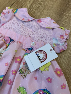 Vestido rosa com rendinha - galinha pintadinha - Babies Move Brecho
